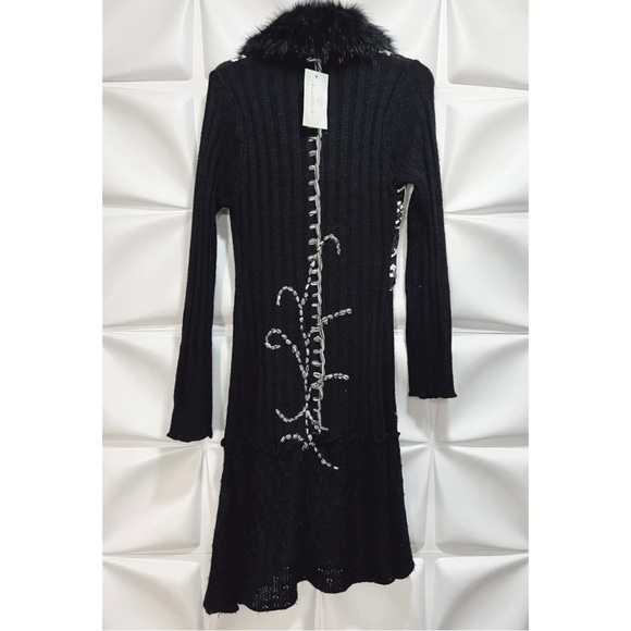 Keren Hart Sz M Long Duster Sweater Cardigan Black Faux Fur Collar NEW - Picture 8 of 12